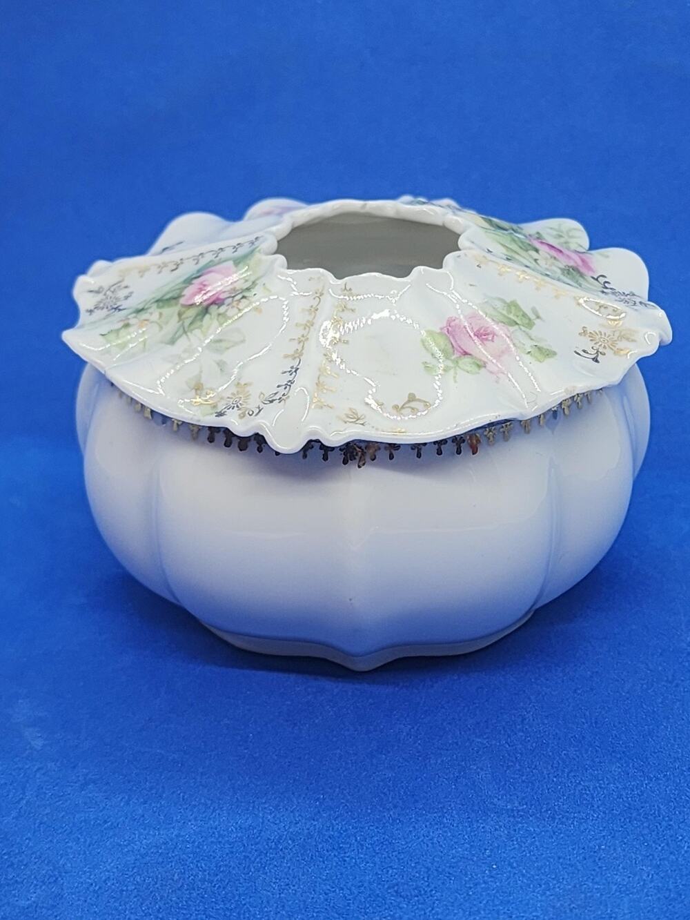 Vintage Porcelain Hair Receiver Flowers Victorian Era Trinket Jewelry Storage